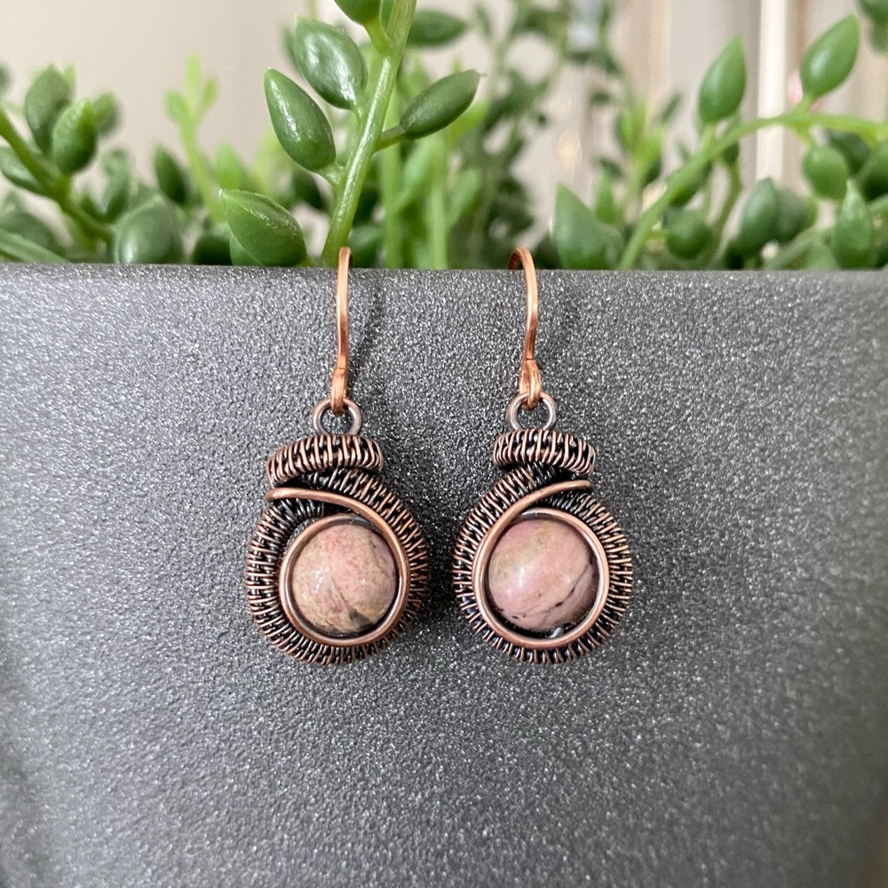 Handcrafted Rhodonite Wire Wrapped Copper Dangle Earrings